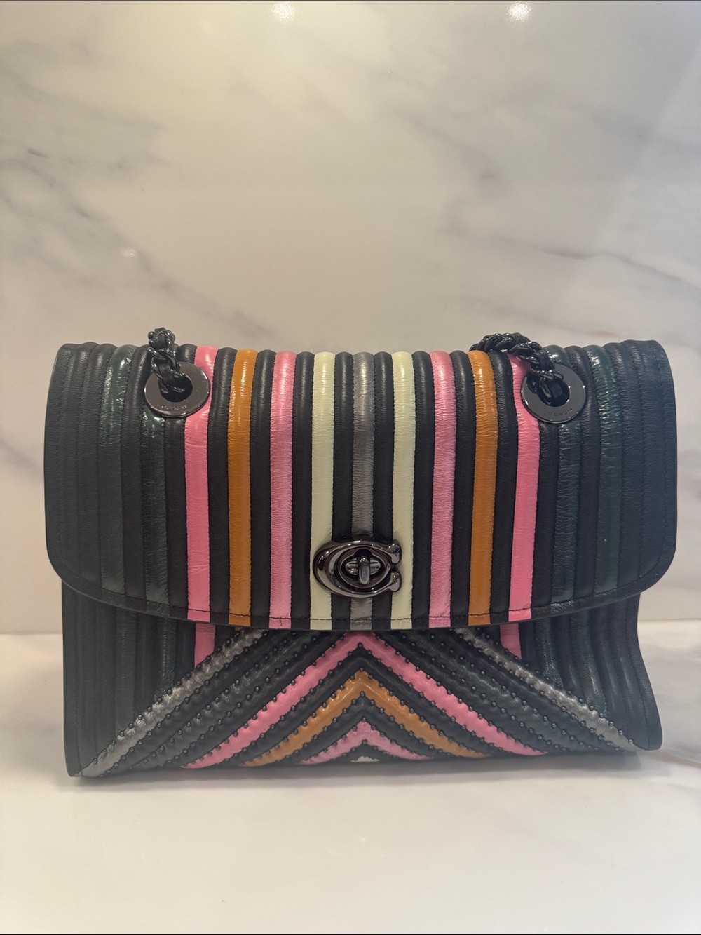 Coach Multicolor Quilted Leather Shoulder Bag in Pink, Green, Black, Tan